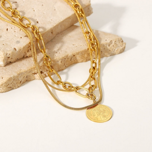 Human Face Round Plate Rope Chain Triple Necklace 18k Gold Stainless ...